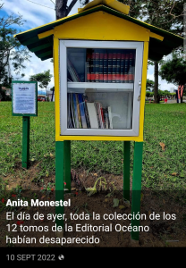 Post on social media after the book theft. Courtesy Ana Monestel Montoya / El Colectivo 506